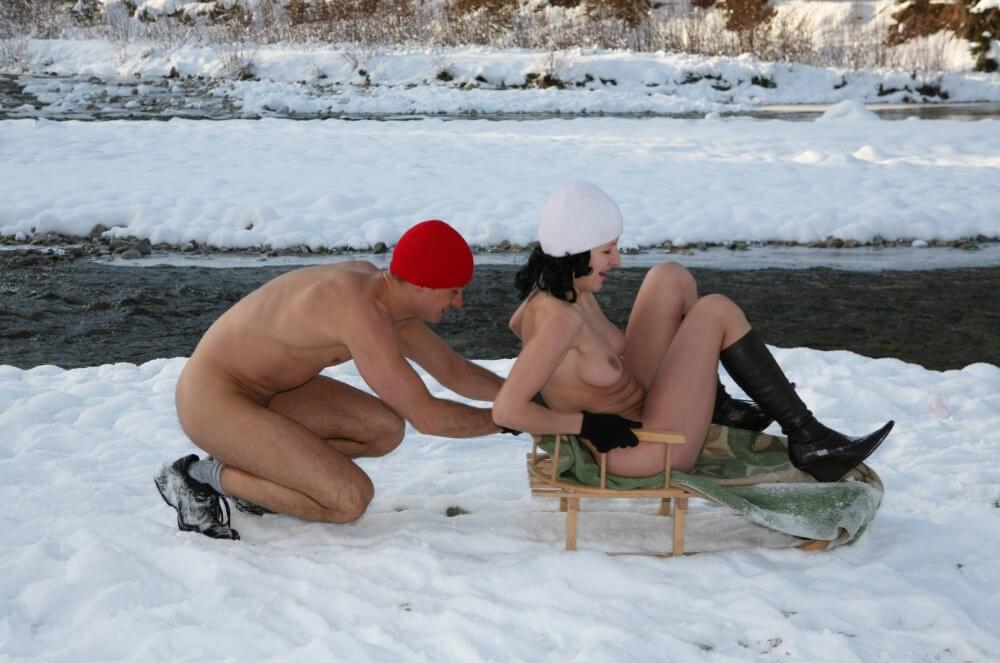 Naturist Girl Snow Day Couples Sled pics